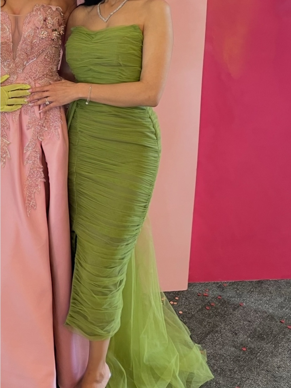 Lime Green Ruched Green Evening Dress with side skirt